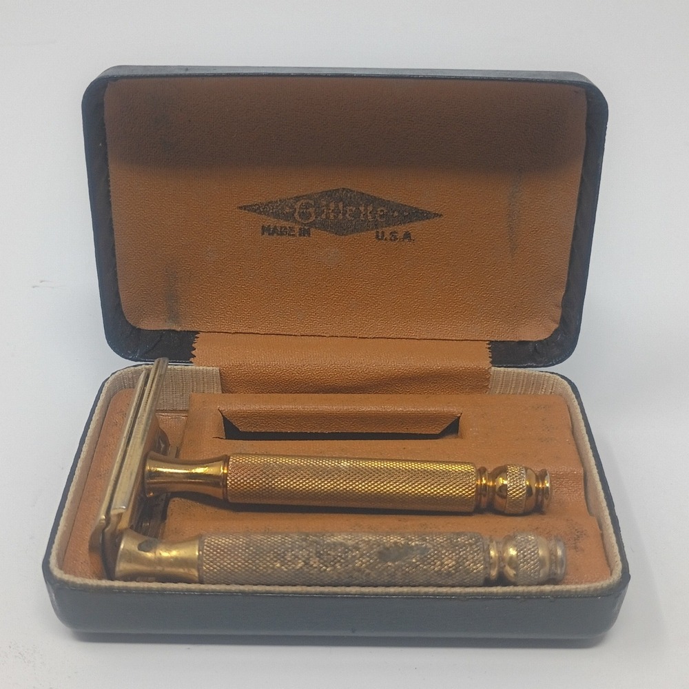 Vintage Gillette Gold Tone Metal Safety Razor Set with Case Made in USA
